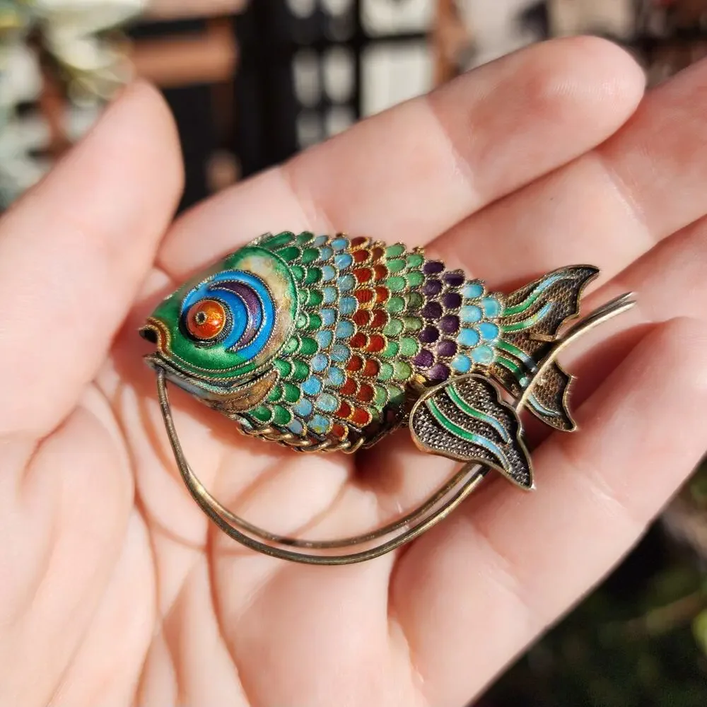 Vtg Old Chinese Export Fish Figurine Sterling Silver Gilt Cloisonne Articulated